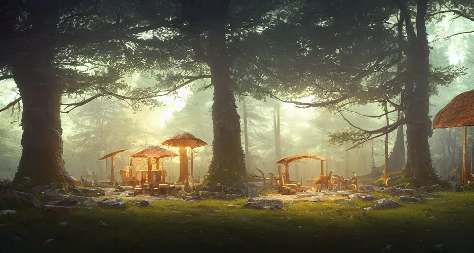 Image similar to A landscape with a quiet tavern in the middle of a forgotten magical forest, large trees, mushrooms, warm lighting, inviting, enchanting, rendered by simon stålenhag, rendered by Beeple, Makoto Shinkai, syd meade, environment concept, digital art, unreal engine, 3 point perspective, WLOP, trending on artstation, low level, 4K UHD image, octane render,