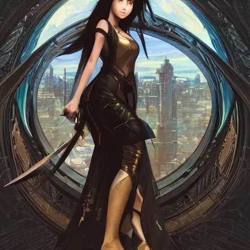 Image similar to portrait of a woman, long black hair, holding sword, in front of a sci fi cityscape, by tetsuya nomura, makoto shinkai, alphonse mucha, detailed, cinematic, wide angle, dark sepia toned shading, luminescent eyes, detailed face, expressive eyes, blue fire everywhere, trending on artstation.