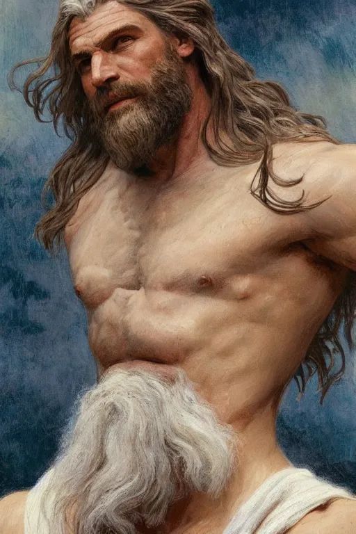 Prompt: painted portrait of rugged zeus, god of thunder, greek god, white hair, masculine, mature, handsome, upper body, flowy robe, muscular, hairy torso, fantasy, intricate, elegant, highly detailed, digital painting, artstation, concept art, smooth, sharp focus, illustration, art by gaston bussiere and alphonse mucha