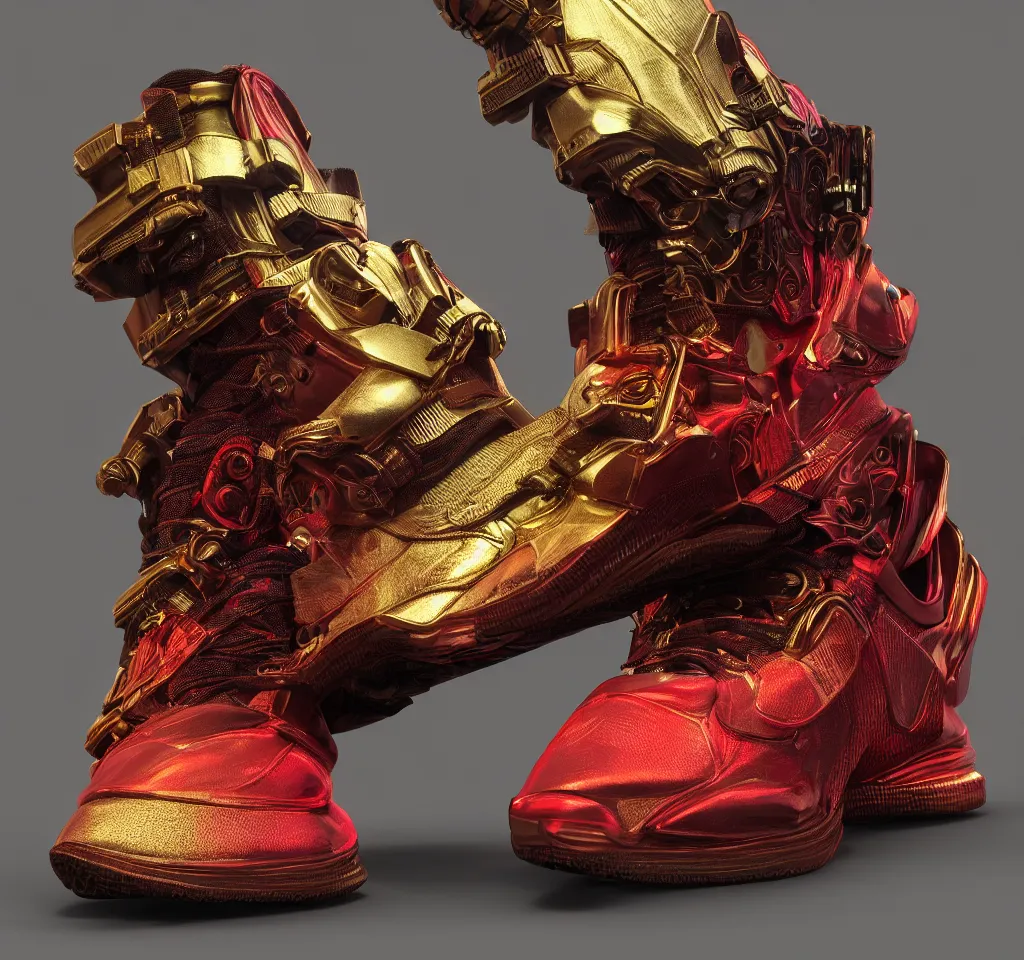 Image similar to realistic 3 d render product shot of a cyberpunk sneaker, beautiful studio lighting, soft, sharp focus, neon cyberpunk highlights, intricate detail, gold and red accents, soft rubber, octane render, wide angle, trending on artstation, deviantart, art by syd mead and issey miyake