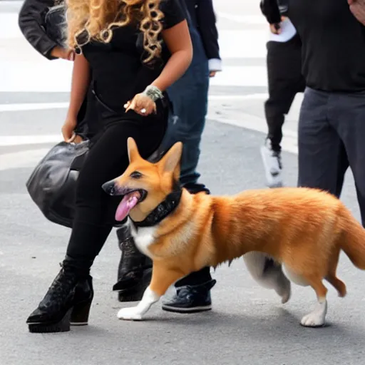 Prompt: Beyoncé with a corgi, hyper realistic, paparazzi shot, 4K, news article photo