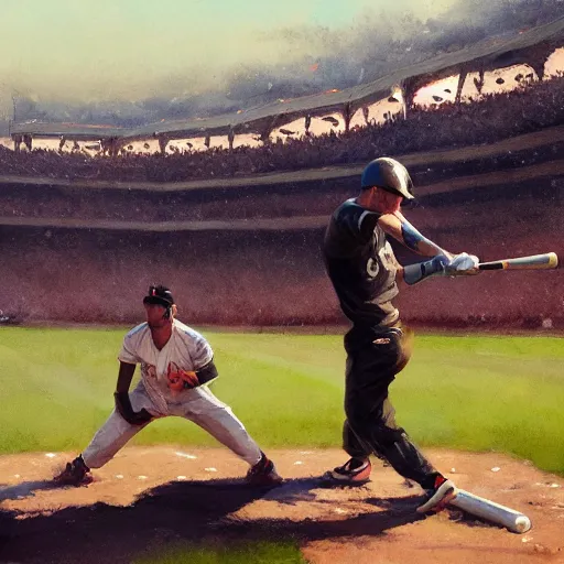 Image similar to baseball player hitting the ball with the baseball bat in the middle of the game and in front of everyone in the stadium, james gurney painting style, greg rutkowski, artstation