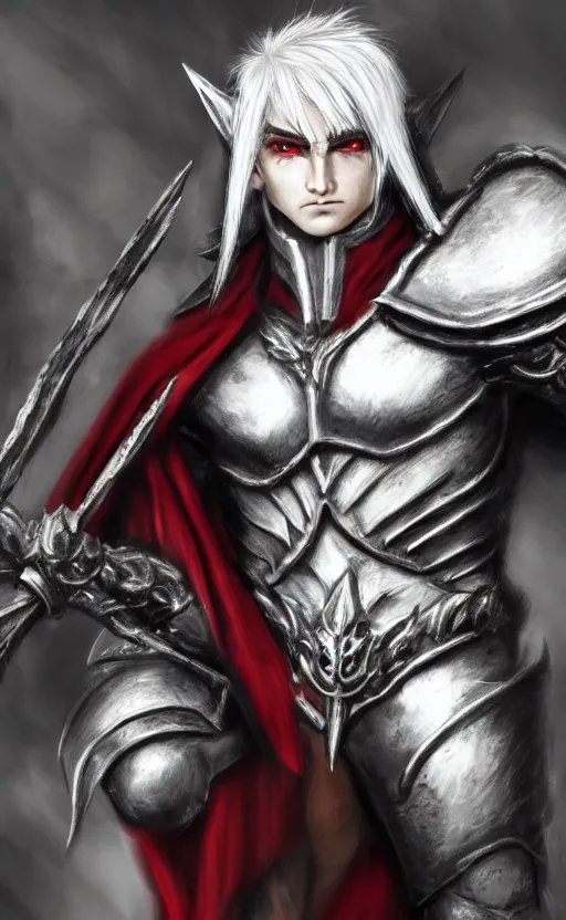 Image similar to A male elf, 20 years old, short silver hair, red eyes, wearing a spiked black metal crown, black heavy armor with gold trim, and a red cape, lean but muscular, attractive, command presence, royalty, weathered face, smooth, sharp focus, illustration, concept art, highly detailed, muscle definition, fantasy paitning, ArtStation, ArtStation HQ