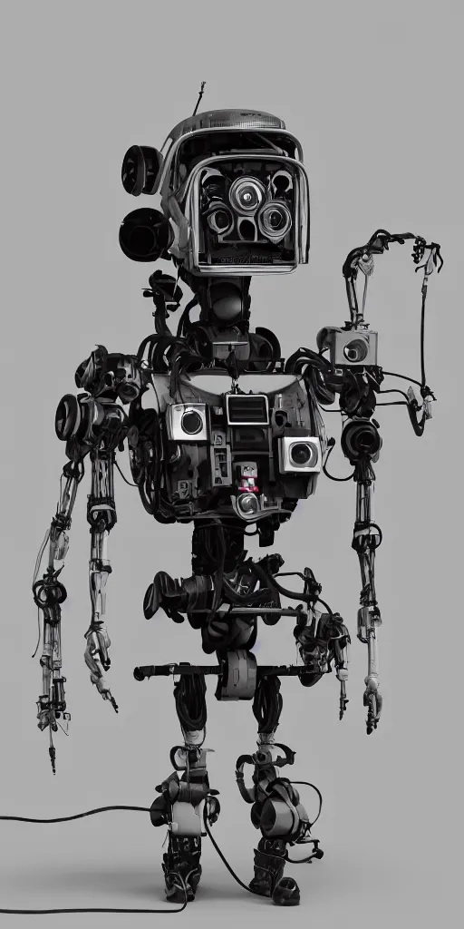 Prompt: humanoid robot with an old school camera for a head, sci - fi, cyberpunk, 4 k, realistic, detailed, gears, wires, cables, gadgets