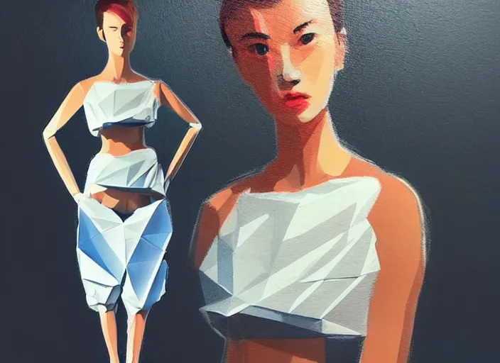 Image similar to landscape, a young woman between the ages of 2 0 - 2 5 years, wearing clothes made of a series of plastic bags, fine art, sharp focus, good lighting, trending on artstation, trending on tiktok, smooth drawing, elegant, authoritative, without anomalies.