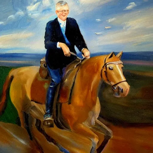 Prompt: An impressionist oil painting of Carl Bildt riding a horse in space