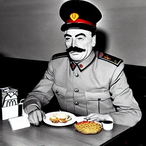 Image similar to joseph stalin enjoying a happy meal at mcdonald's