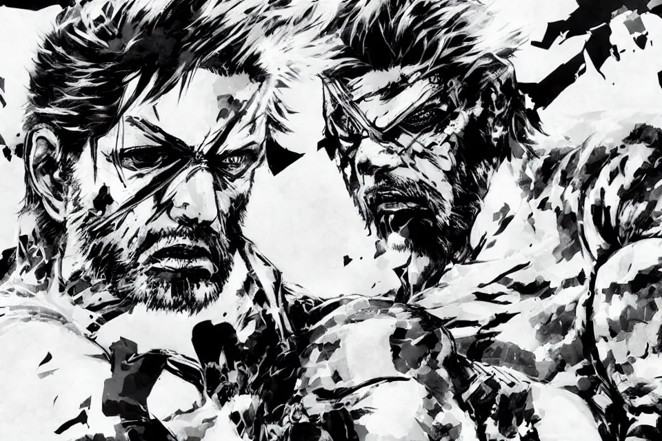 Image similar to a full - body portrait of shinzo abe, in yoji shinkawa's art style, metal gear solid art style highly detailed, 4 k, artistic, white background, b & w