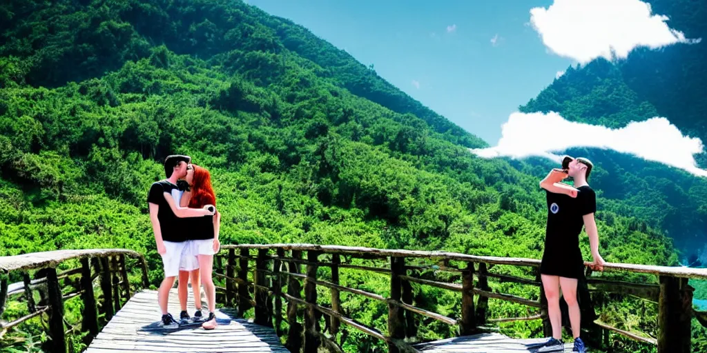 Image similar to dream, photo realism, beautiful nature, sunny day, sunshine lighting high mountains, which are higher than white fluffy clouds with green trees on top, a small wooden bridge connecting two mountains, a loving couple a cute skinny redhead girl in a blue dress, and man with black hair in white t-shirt and black shorts, couple holding hands and kissing, ocean beneath the mountains with clear blue water, whales showing from the waves, cinematic, 8k, highly detailed