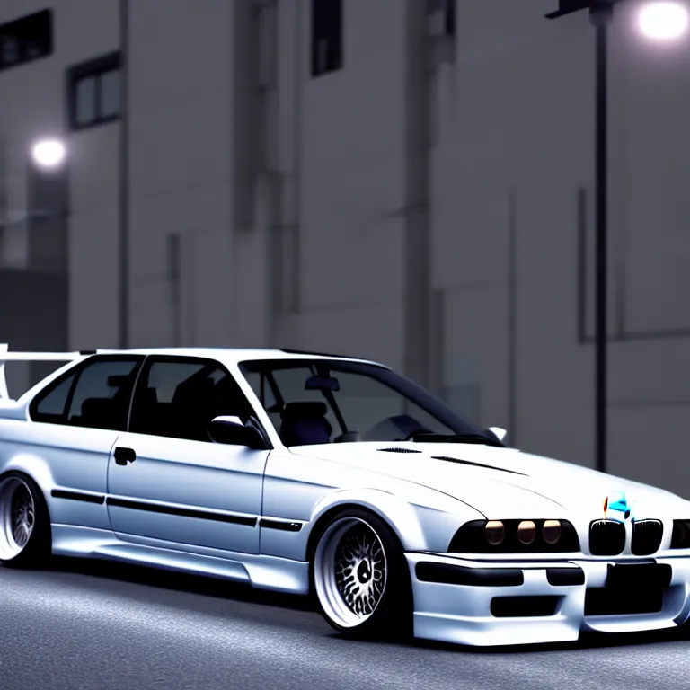 Image similar to BMW E36 Drift, detailed-wheels, Shibuya prefecture, cinematic lighting, photorealistic, night photography, octane render