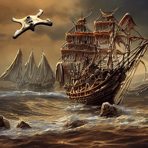 Image similar to haunted ghost ship, pirate, bone, cinematic