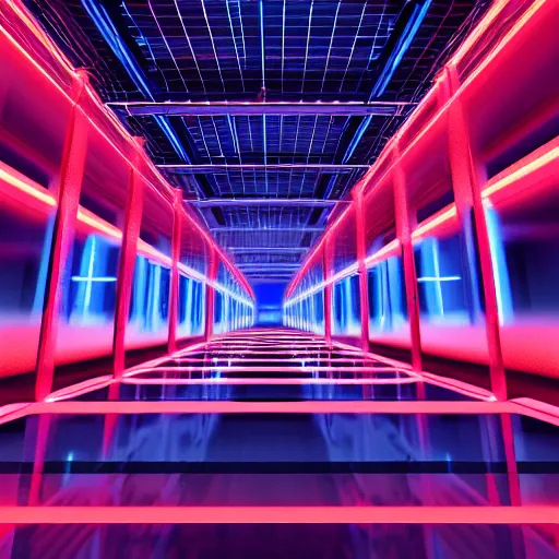 Prompt: glowing blue cables floating in a large dark room with skinny pillars made of glass. people wearing neon red jackets dancing around the pillars. volumetric lighting, 3 d render, digital art, 4 k,