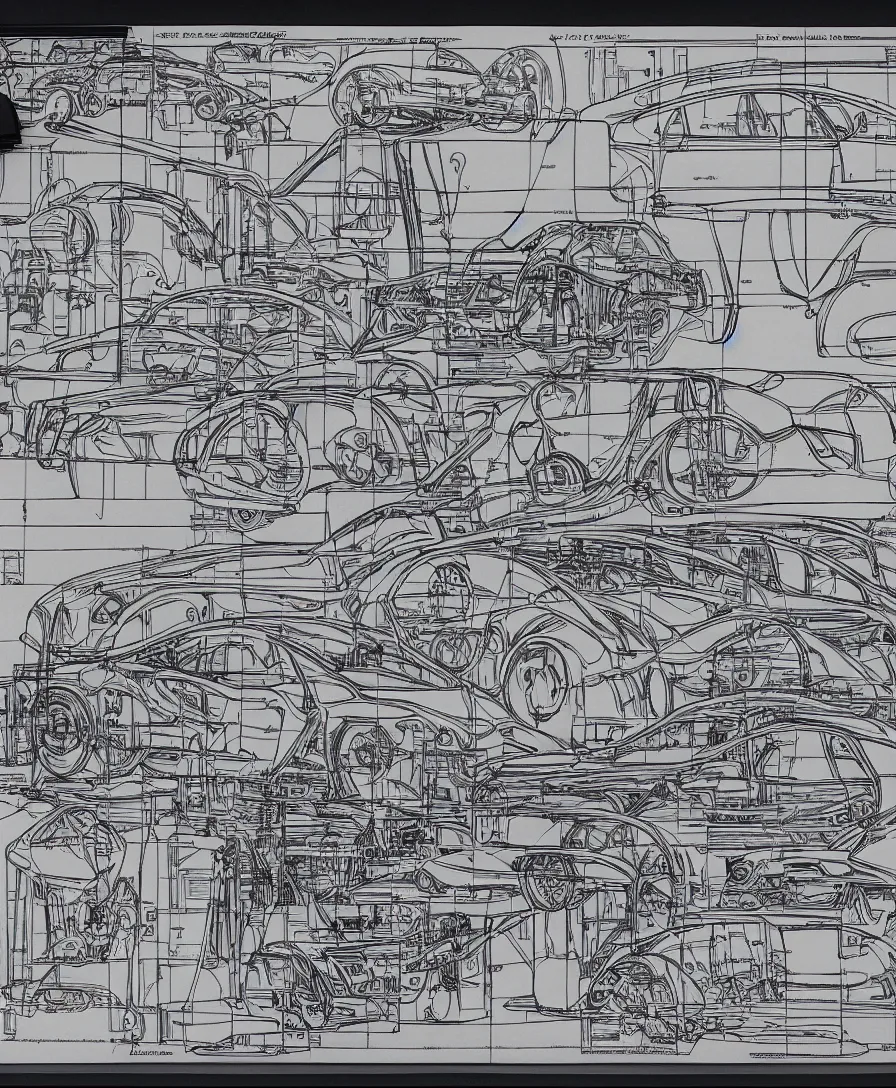 Image similar to automotive blueprints engineering plans in the style of Davinci
