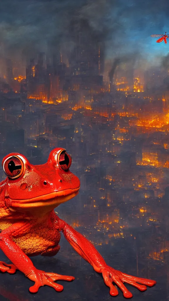 Image similar to giant red frog with giant dragonfly wings flying over a city in flames, photorealism, oil paint, renaissance, 8 k, high detail whide shot