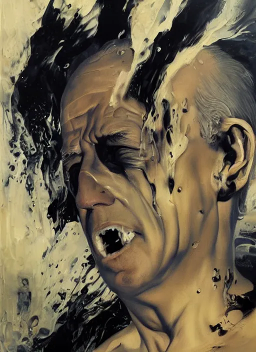 Prompt: joe biden drowning, water rushing lungs, fear!!!!!! scary, painting by phil hale, fransico goya,'action lines '!!!, graphic style, visible brushstrokes, motion blur, blurry, visible paint texture, crisp hd image