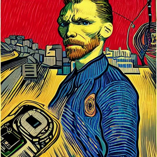 Prompt: Illustrated by Shepard Fairey and Greg Rutkpwski | 'Cyberpunk Van Gogh with VR helmet, surrounded by cables'