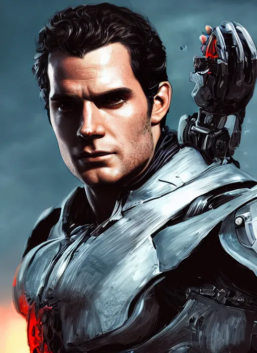 Prompt: An epic fantasy comic book style portrait painting of Henry Cavill as ‘The Cyborg’, Unreal 5, DAZ, hyperrealistic, octane render, cosplay, RPG portrait, dynamic lighting