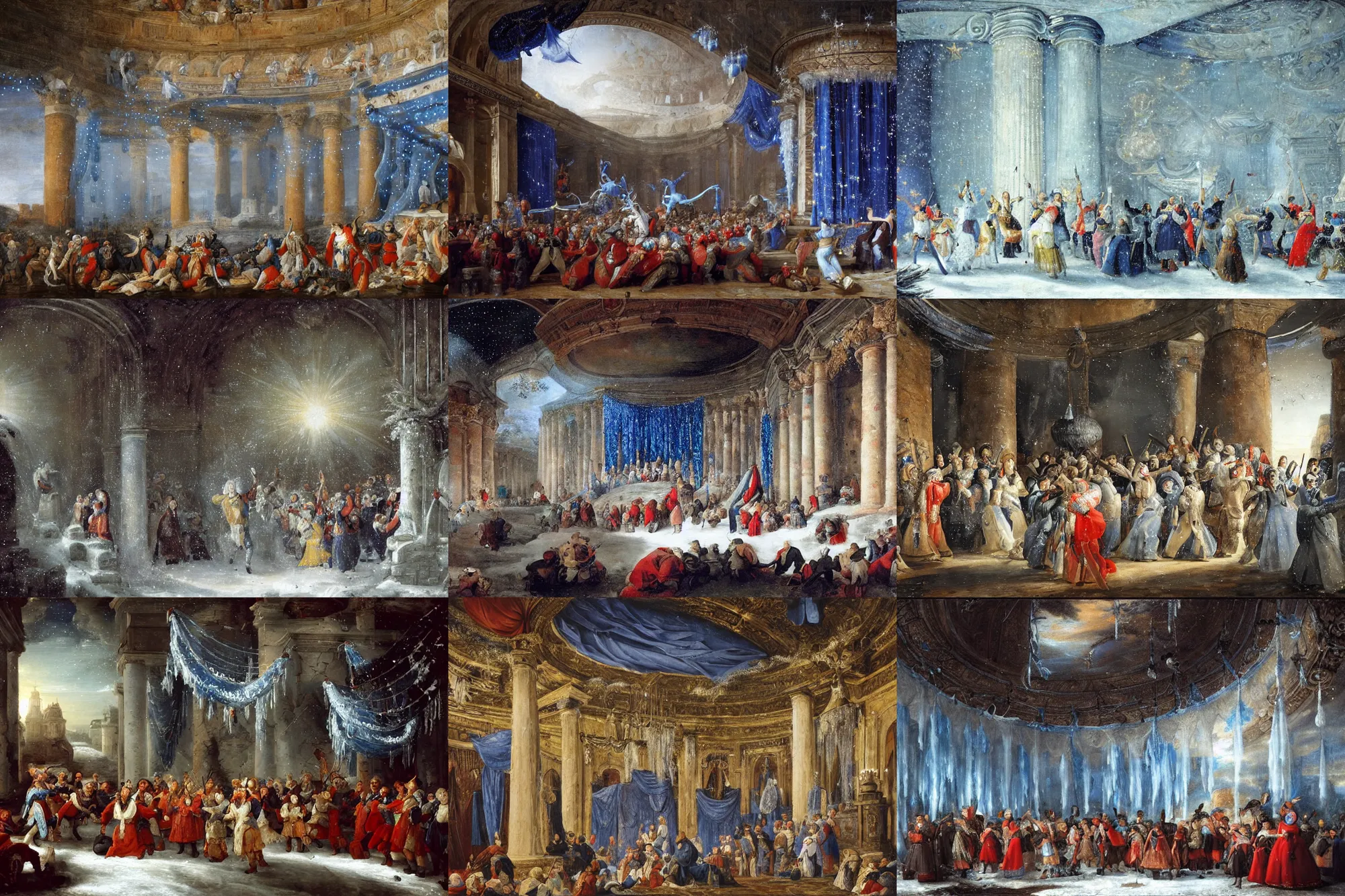 Prompt: a cinematic landscape view of a polovstian dances and chorus in a colloseum, winter, icicles, blue hanging drapery on ceiling showing stars, digital painting, fantasy, art by alexandre mahboubi christophe oliver jan brueghel the elder