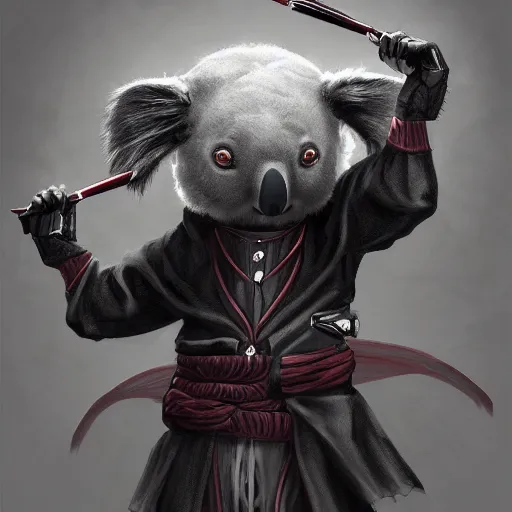 Image similar to an elegant demon koala dressed in a smart black shinobi outfit with mask is offering you a contract to sign, digital art by łukasz piskorz and patrick mcenvoy and michael komarck, intricate, highly detailed, artstation, concept art, smooth, sharp focus