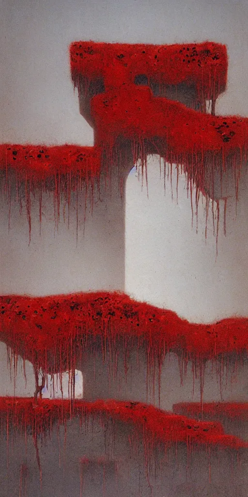 Image similar to surrealist painting of a brutalist building turning into meat, red fungus, web, post apocalyptic, snowy landscape, painted by beksinski