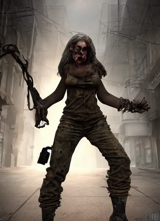 Prompt: zombie action pose reference, procedurally generated, epic post apocalyptic hermit character, costume design from shopping mall, ancient city streets behind her, substance designer, PBR, HD, Ultra detailed, hyperrealistic, megascans, volumetric light, concept by master artist, good looking face, natural light, crazy angle
