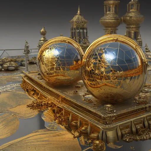 Prompt: photograph, realistic hyper detailed hardsurface modelled 3 d geometry, houdini destruction of aminimalist design temple, tarnished gold sphere is far far in the distance, deep perspective, wide angle, insanely detailed and intricate,, eal, gold, silver red, paradise hospital environment,