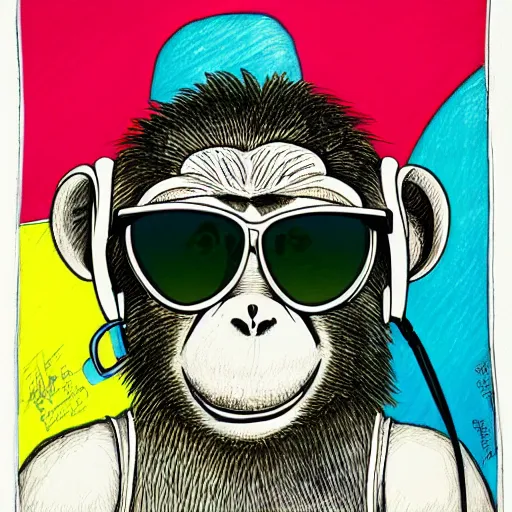 Prompt: colorful cute monkey with sunglasses and headphones, intricate ink drawing, highly detailed in the style of ralph steadman