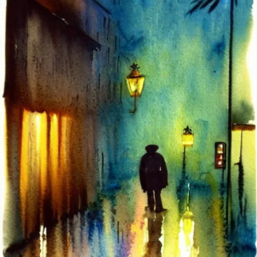 Prompt: a 1 9 6 0 watercolor painting night watchman walking on a rainy night, nice colour scheme, soft warm colour. studio gibli. beautiful detailed watercolor by lurid