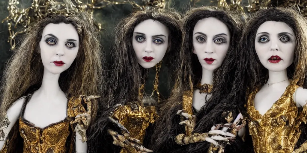 Prompt: photo taken of an epic intricate, ultra detailed, super realistic stop motion puppet of the majestic gracious regal aristocratic brunette female vampire twins and gothic filmset created by weta workshop and tim burton, menacing, wide angle, full body shots, photorealistic, sharp focus, gloomy, extremely cold blueish colour temperature, 3 5 mm, f 1. 4, golden ratio