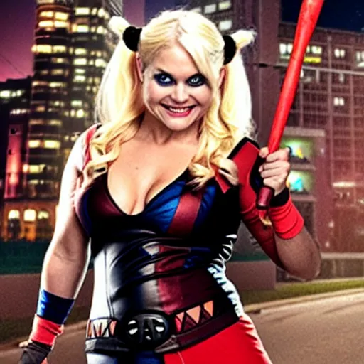 Prompt: Beth Phoenix as Harley Quinn on the street in Gotham City at night, holding a baseball bat