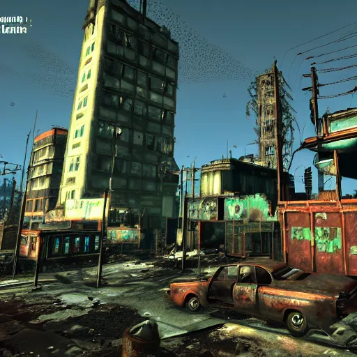 Prompt: Seattle in ruins post-nuclear war in Fallout 4, in game screenshot