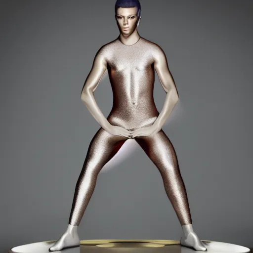 Image similar to an holographic athletic beautiful male space king, photographed by erwin olaf