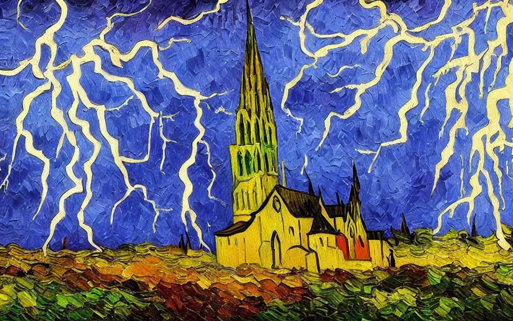 Image similar to expressionist oil painting by van gogh of lightning storm over a tall gothic church, landscape painting, expressionism, 8 k resolution detailed art, small brushstrokes, watercolor palette