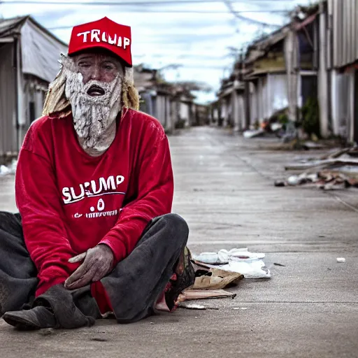 Image similar to donald trump dressed as a homeless man living in the slums