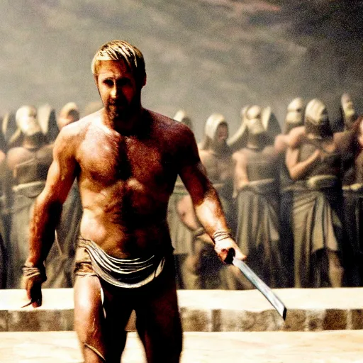 Prompt: Ryan Gosling this is sparta scene in the movie 300