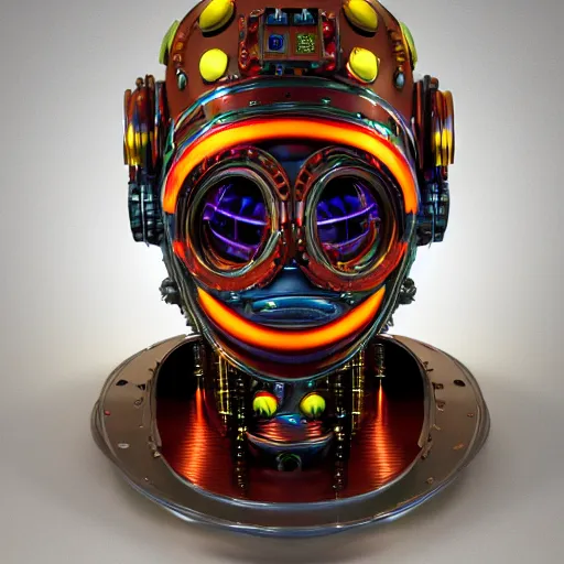 Image similar to a claymodel of a steampunk rococo spaced out futuristic robot head wearing multicolored tubes, 8 k, front shot, symetrical, flourescent colors, halluzinogenic, multicolored, exaggerated detailed, front shot, 3 d render, octane