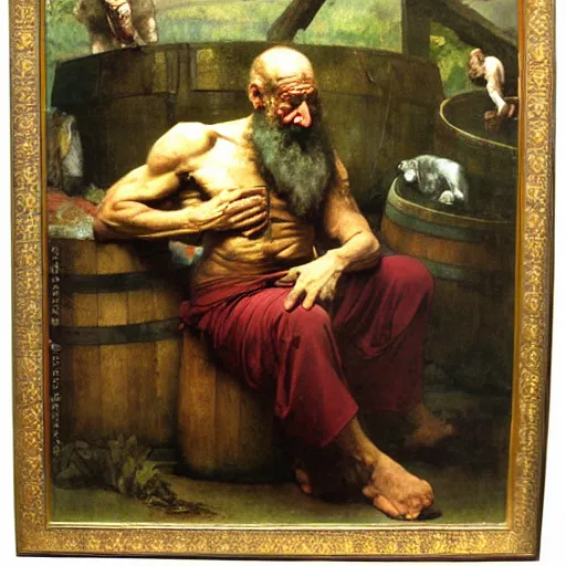 Image similar to Portrait Portrait of Diogenes the Cynic donning hobo costume whilst resting in an enormous wine cask theodore gericault donato giancola john william waterhouse maxfield parrish mikhail vrubel arkhip kuindzhi astri lohne stained lacquer glaze