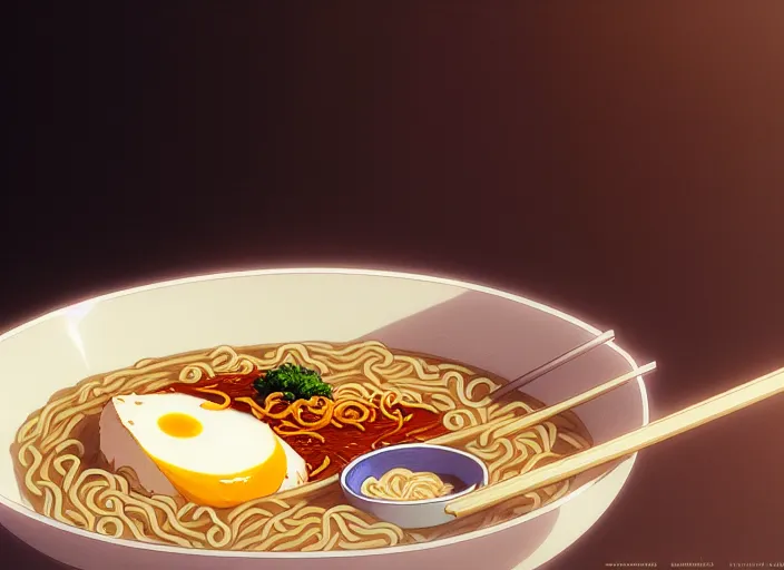 Prompt: a film still portrait of a bowl with ramen, finely detailed features, closeup at the food, perfect art, at a dinner table, gapmoe yandere grimdark, trending on pixiv fanbox, painted by greg rutkowski makoto shinkai takashi takeuchi studio ghibli, akihiko yoshida