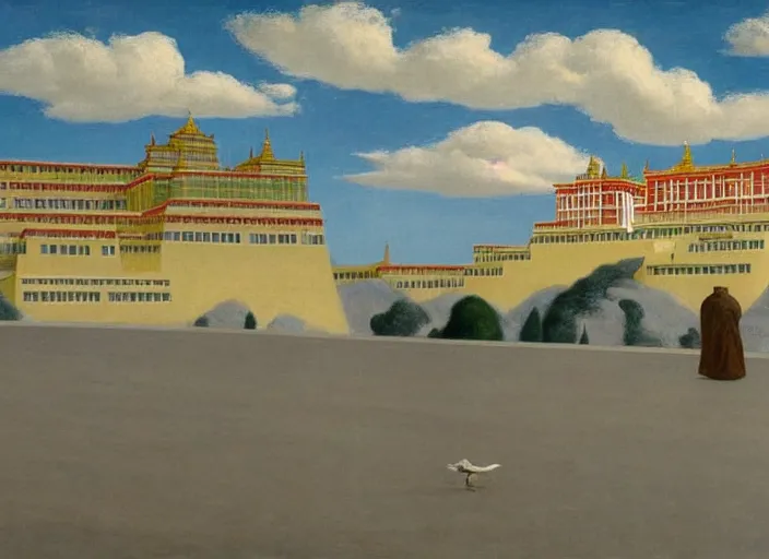 Image similar to lhasa palace, clouds, bird, open ceiling, strange foreign objects, oil painting by edward hopper, chirico and rene magritte