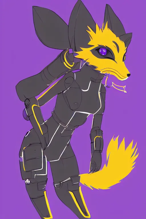 Image similar to a cute cyberpunk anthropomorphic fox with purple fur and yellow eyes and a fluffy tail, comic art, trending on furaffinity, cartoon, kawaii, backlighting, furry art!!!, cel shading, concept art, lineless