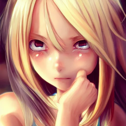 Image similar to a very beautiful young anime basketball girl crying, full body, long wavy blond hair, sky blue eyes, full round face, evil grin, bikini, miniskirt, front view, mid - shot, highly detailed, cinematic wallpaper by stanley artgerm lau