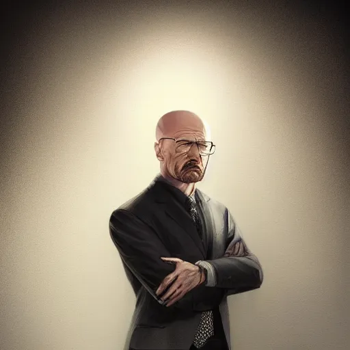 Prompt: walter white in a suit, painting, artgerm, trending on artstation, 4 k highly detailed art, octane render, 3 d, unreal engine, greg rutkowski, wlop, dark room, white smoke, chromatic aberration, white smoke, trending on artstation pixiv