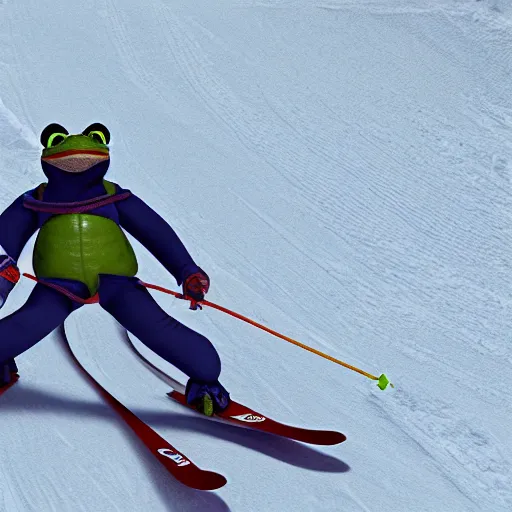 Image similar to 3 d octane frog character skiing down a mountain