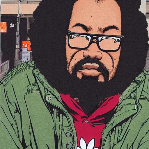 Image similar to illustration by katsuhiro otomo, black man with afro hair, raspy beard stubble, wearing an adidas army green jacket, in the streets of tokyo, akira style, by katsuhiro otomo