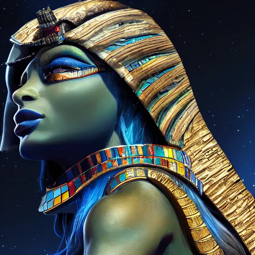 Image similar to highly detailed close up portrait of Nut, egyptian goddess of the night sky, concept art, character art, studio lightning, bright colors, intricate, masterpiece, photorealistic, hiperrealistic, sharp focus, high contrast, Artstation HQ, DeviantArt trending, 4k UHD, Unreal Engine 5