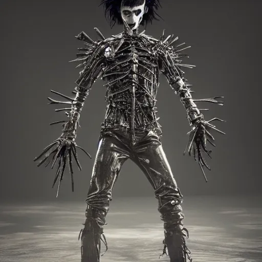 Prompt: full body pose, hyperrealistic photograph of edward scissorhands, dim volumetric lighting, 8 k, octane beautifully detailed render, extremely hyper detailed, intricate, epic composition, cinematic lighting, masterpiece, trending on artstation, very very detailed, stunning, hdr, smooth, sharp focus, high resolution, award, winning photo, dslr, 5 0 mm