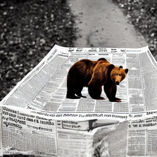 Prompt: brown bear walking on two legs holding an evil newspaper