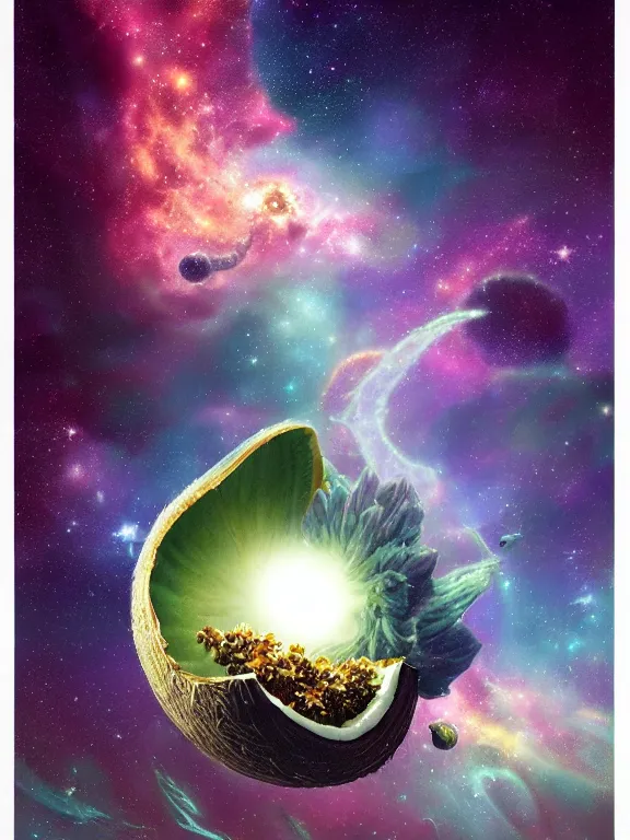 Image similar to round coconut spacerocket in beautiful vanilla orchids flowers galaxy cosmic nebula, epic, style of moebius, vincent di fate, michael whelan, mucha volumetric light, mega detailed, unreal engint 5, beautiful composition, beautiful lighting