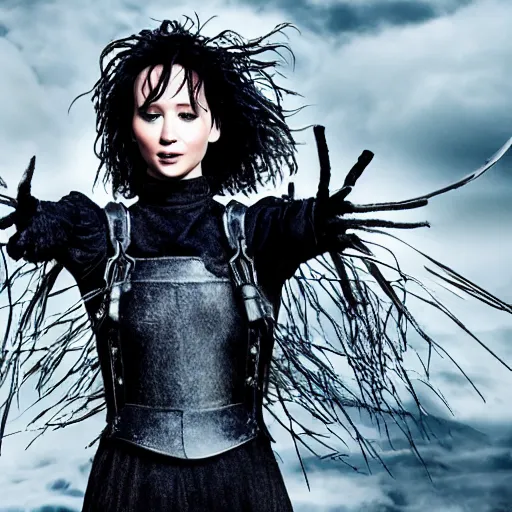 Image similar to jennifer lawrence as eddy scissorhands in edward scissorhands remake, ( eos 5 ds r, iso 1 0 0, f / 8, 1 / 1 2 5, 8 4 mm, postprocessed, crisp face, facial features )