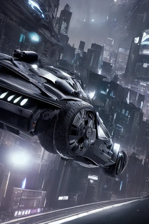 the batmobile driving through a futuristic city. view Stable